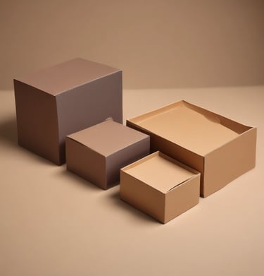 Stacked boxes and bags displayed in a clean, organized showroom.