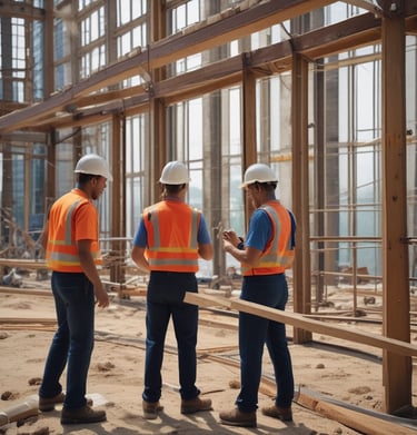 Dynamic Enterprises team collaborating on blueprints at a project site.