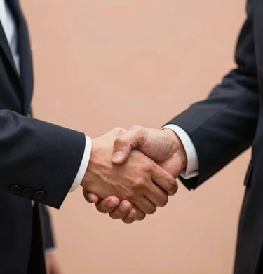 A close-up of two people shaking hands in a professional North American / US business setting, warm peach lighting.