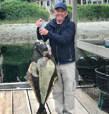 A smiling fisherman on a wooden pier weighing a large trophy halibut caught during a deep sea fishing trip.