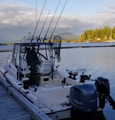 Fishing boat with Yamaha 300 outboard motor and fishing rods docked at a scenic coastal harbor.