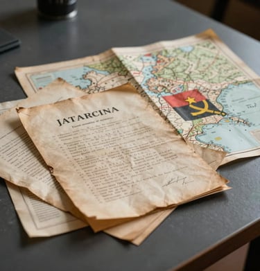 A pile of historical documents and maps of Angola on a table, soft cinematic lighting, focus on textures and memory, dark slate grey tones.