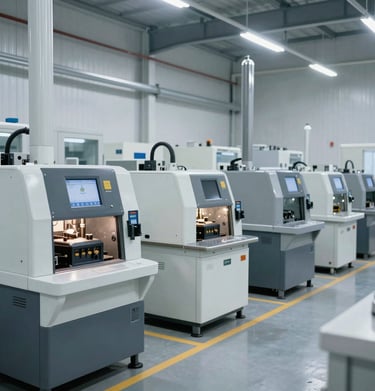 A forklift lifting heavy machinery parts inside a bright industrial facility.