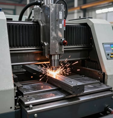 A detailed view of a lathe machine with freshly machined metal pieces nearby.