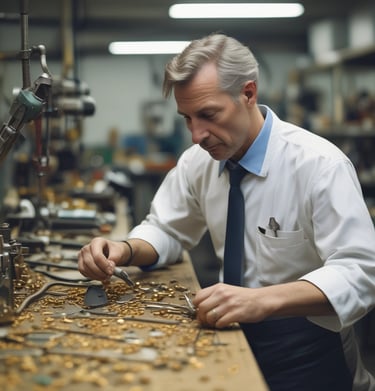 An artisan's hands delicately setting diamonds into a gold necklace.
