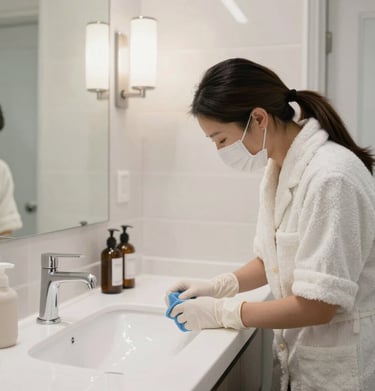 A spacious office space shining with spotless floors and perfectly organized desks under soft navy lighting.