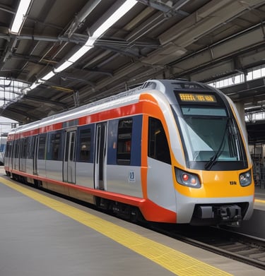 A Regional Rapid Transit System (RRTS) train speeding past green fields.