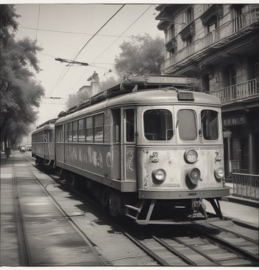 A modern tram weaving through a bustling city street lined with trees.