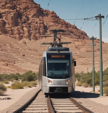 A light rail vehicle crossing a scenic bridge over a river.