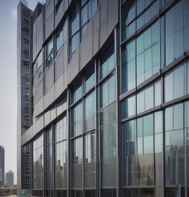 Finished building showcasing a blend of glass, ACP panels, and metal façades under a clear blue sky.