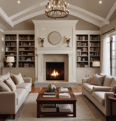 Interior view of a bright living room remodel with custom built-ins.