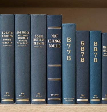 A collection of beautifully designed book spines in #293B37 and #5B7B71, arranged on a library shelf. The mood is intellectual, scholarly, and highly refined.