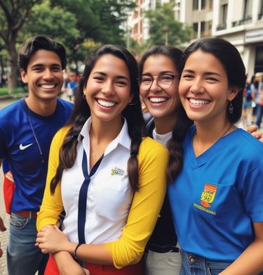 Students collaborating on an AI project, surrounded by colorful Venezuelan flag elements.