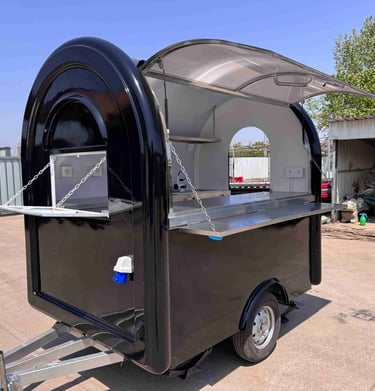 Foodtruck demi-rond TF-DM Classic couleur RAL noir foncé, finition lisse, coque en fibre de verre et châssis galvanisé, certi