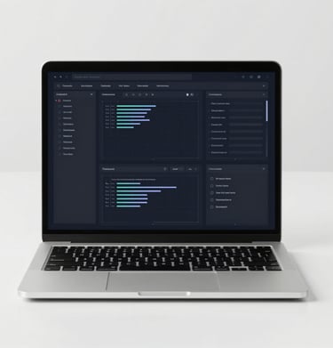 A laptop on a clean white desk, showing a wireframe design for a complex dashboard. The environment is minimalist and focused. Contrast between the dark screen #1C2826 and the light desk #F0F4F4.