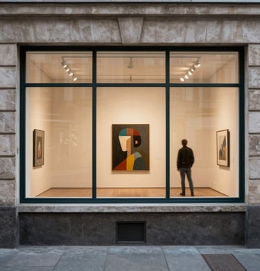 Visitors admiring a large abstract canvas with rich textures and bold colors.