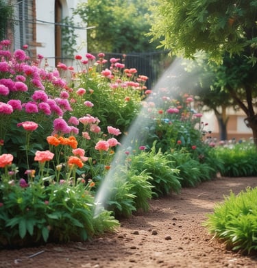 Technician adjusting irrigation controls beside a thriving garden.