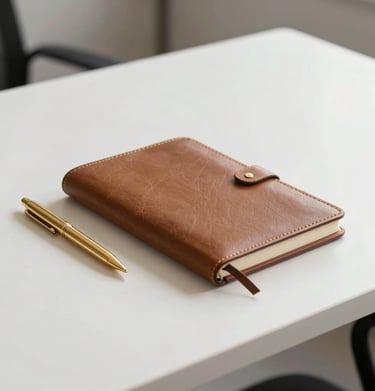 A minimalist white desk with a gold pen and a leather-bound notebook, North American modern office vibe.