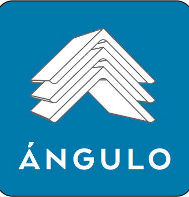 a blue and white logo with a triangle shaped triangle
