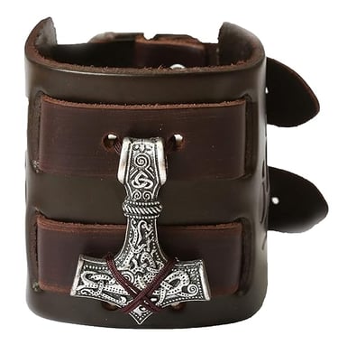Viking Style Leather Bracelet for Men with a Mjolnir Axe