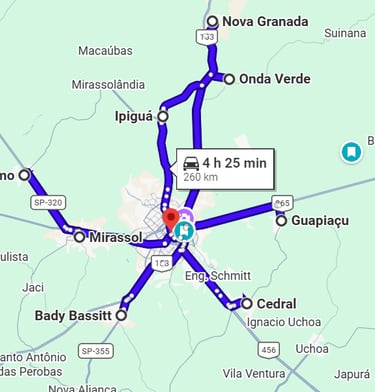 São José do Rio Preto, Mirassol, Bálsamo, Bady Bassit, Guapiaçu, Cedral, Uchoa, Nova Granada