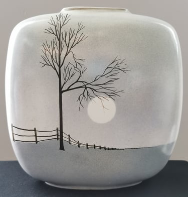raymond phaneuf blue grey with tree and sun or moon pottery vase québec canada