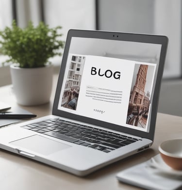 A laptop displays a web page with a bold header text reading 'Blog' against a colorful abstract background. Several thumbnail images are displayed below the header, featuring various content such as graphics and text. The screen is illuminated, creating a contrast against the dark keyboard and surrounding environment.