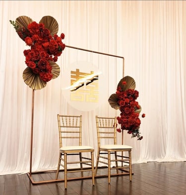 Modern Chinese tea ceremony backdrop featuring a rose gold geometric frame with a circular white pan