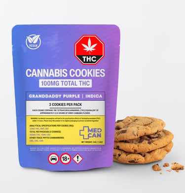Granddaddy Purple Indica cannabis cookies with 100mg THC in a purple edible packaging bag.