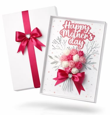  Mother's Day  greeting card 3D floral bouquet with pink roses and a satin ribbon bow. with a box 