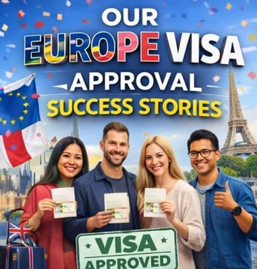Europe visa approval stories banner with happy applicants holding passports and visa approved