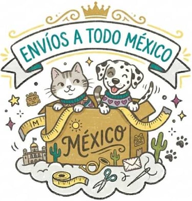 Ilustración de un gato y un perro en una caja con el banner "Envíos a todo México"