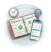 Digital calendar app on a smartphone synced with a paper planner for effective time management.