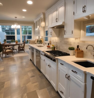 Wide shot of a home exterior with an inspector taking notes on a clipboard.