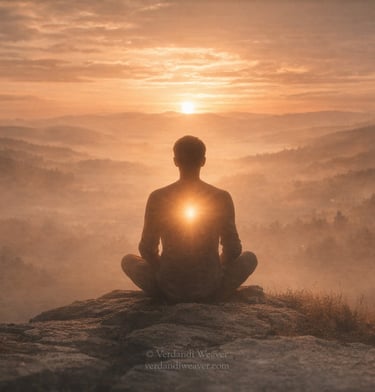 A man practices mindfulness meditation at sunrise on a foggy mountain peak.
