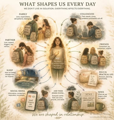 Mental health infographic illustrating how family, colleagues, and social media influence a person's