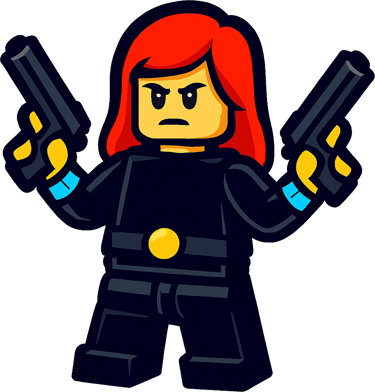 Lego Black Widow minifigure with red hair and dual pistols in a heroic action pose.
