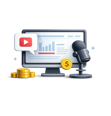 Content creator monetization icon with video analytics microphone and revenue growth