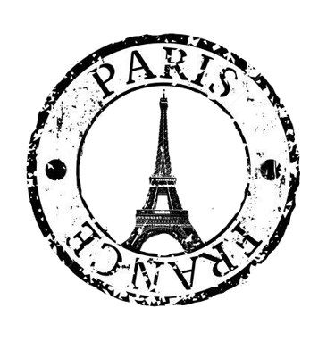 Vintage black and white Paris France passport stamp featuring the Eiffel Tower.