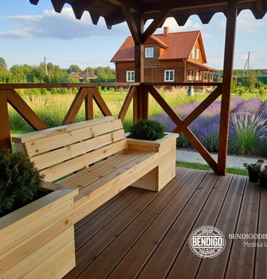 Medinis Lauko suoliukas su dviem integruotais gėlių vazonais