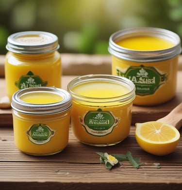 A vibrant display of organic dairy products including ghee, butter, and honey.