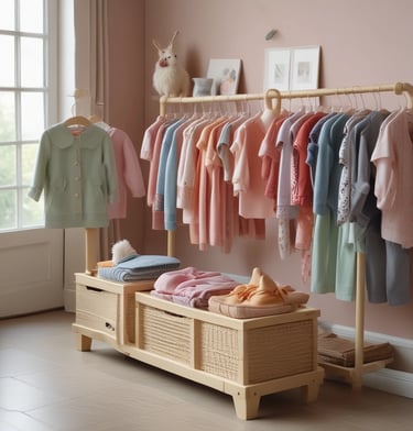 A neatly organized clothing store featuring a variety of colorful clothing items displayed on hangers and shelves. A central wooden table showcases folded garments with vibrant colors. The walls have posters and more hanging clothes. The store has a modern, minimalist aesthetic with a bright and clean interior.