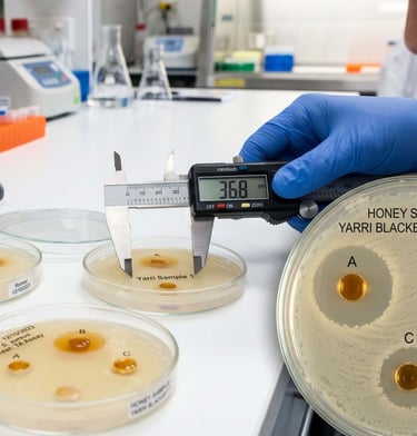 Scientist measuring zone of inhibition using digital caliper in agar well diffusion test