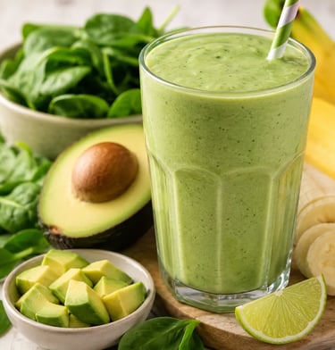 A healthy green smoothie in a glass with avocado, fresh spinach, and bananas on a wooden board.