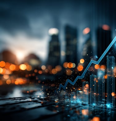 Gráfico de crecimiento ascendente luminoso sobre fondo de ciudad, representando el éxito
