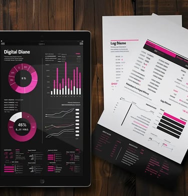Una tablet que muestra un dashboard vibrante con visualizaciones de datos y gráficos al lado de impresiones de informes analí