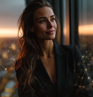 Profesional mirando al horizonte con confianza y un gráfico de crecimiento tras  un mentoring