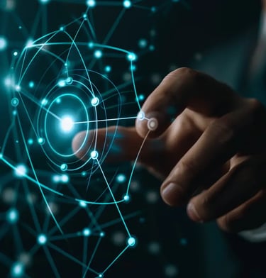 Profesional interactuando con interfaces virtuales de tecnología de IA que representan la innovación y el avance en negocios.