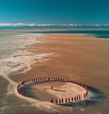 cercle de femmes sur un plage déserte et le ciel bleu à perte de vue