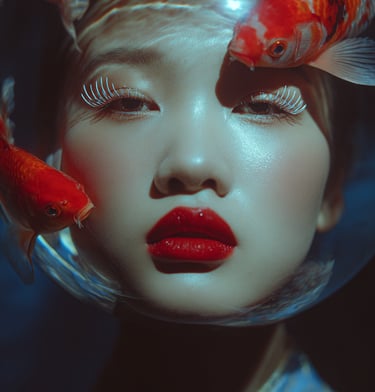 Femme en scaphandre autour de laquelle nagent des poissons